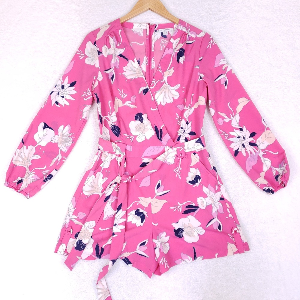 Carolina Belle Floral Romper Women's 4 Pink Long Sleeve Belted Wrap Front